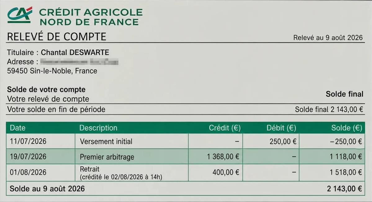 Le relevé du compte de Chantal Deswarte au 9 août : 2 143 euros